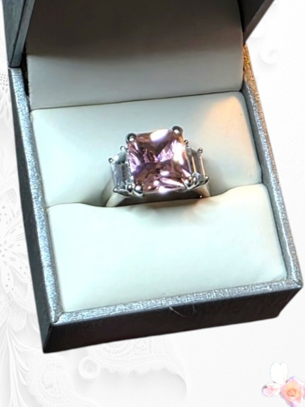 Vintage Pink Stone Emerald Cut Silver Tone Ring Size 7 562